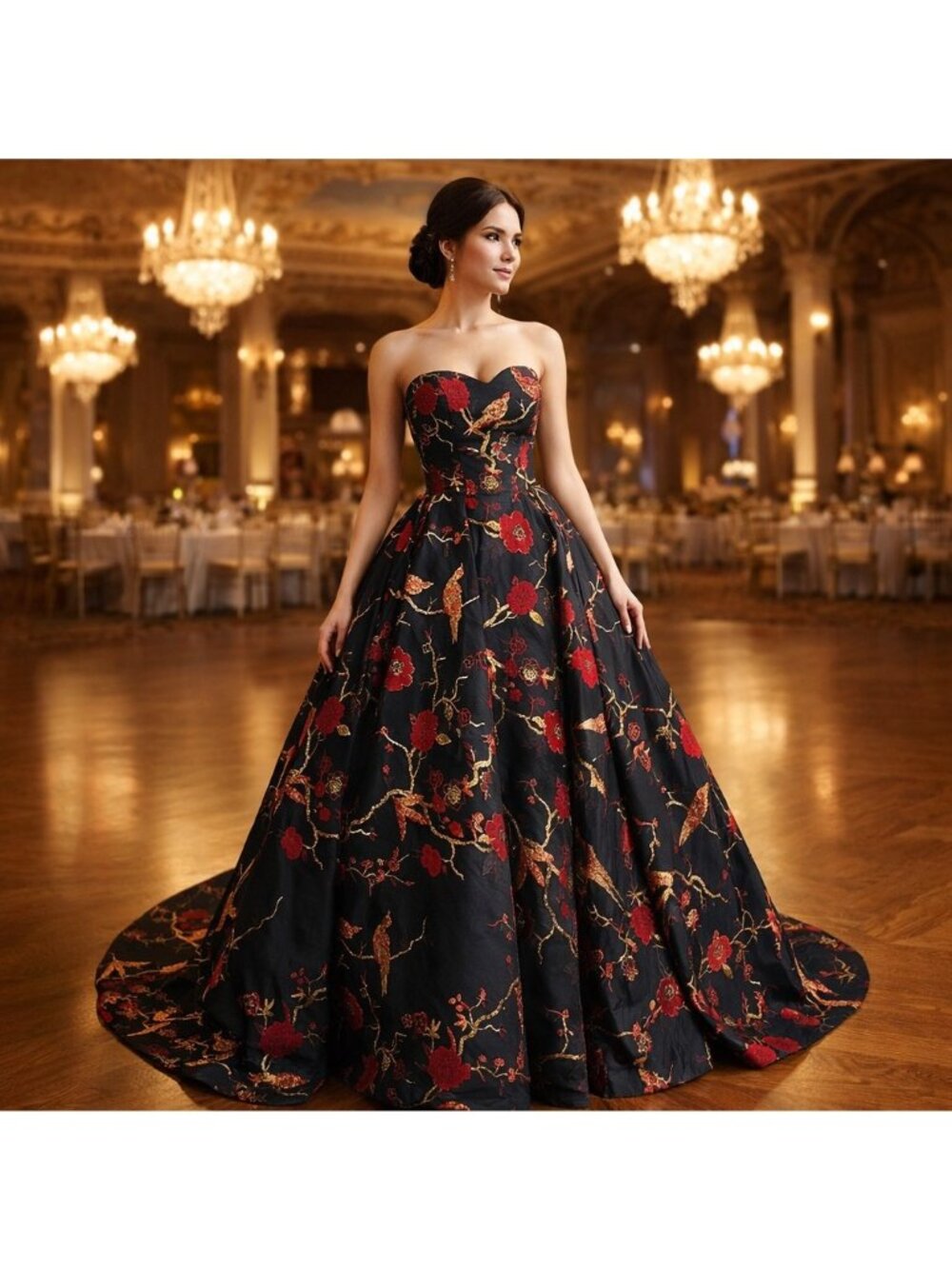 Strapless Floral Metallic Bird Strapless Formal Gown Dress Red Black Women XS